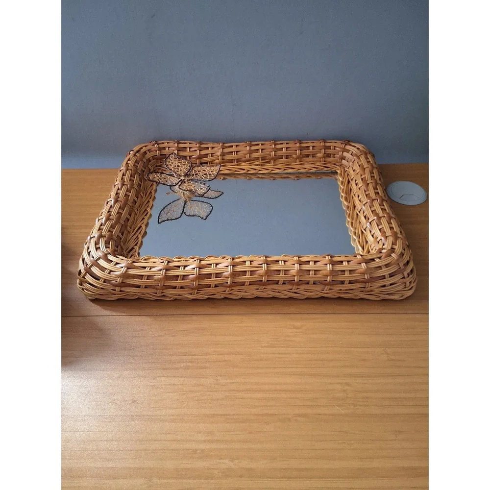 Vintage Wicker Wall Mirror Rectangular Boho Butterfly Accent Honey Rattan 12x16